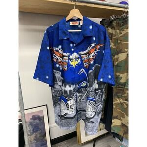 Vintage 90s Malibu Dreams Eagle Over Motorcycle AOP Polo Shirt Size XL